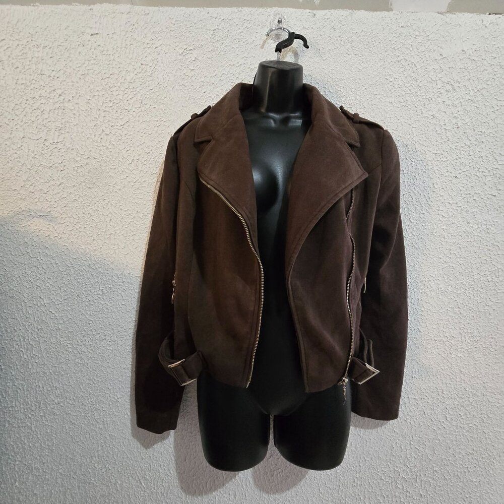 Romeo + Juliet Couture Womens Brown Suede Moto Jacket With Zipper Size M